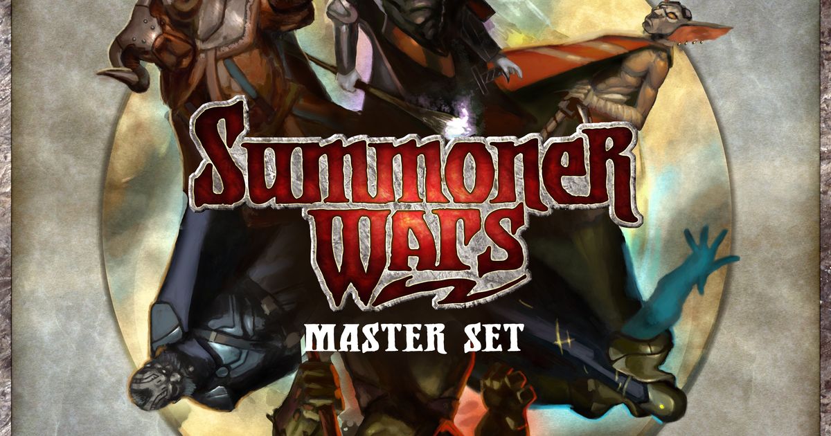 Cover art for the Summoner Wars Master Set, showing the red game logo over a circular emblem with armored faction figures reaching toward it