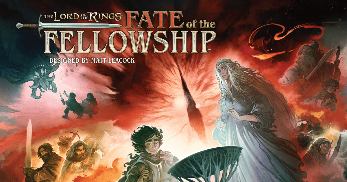 Cover art for Fate of the Fellowship showing a fiery eye-of-Sauron shape rising over silhouettes of the fellowship, with Galadriel front and center