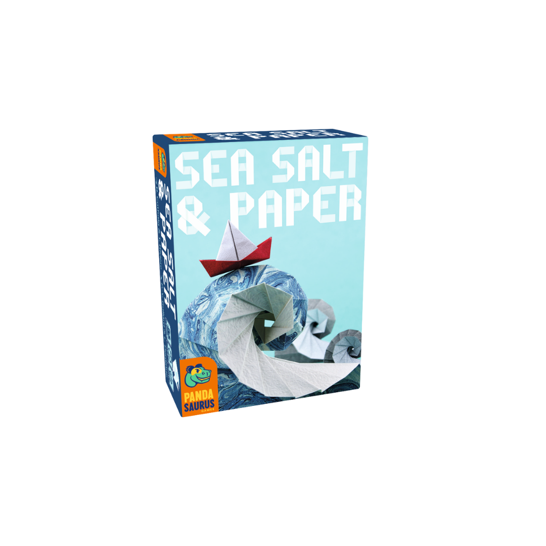 Box art for Sea Salt and Paper showing an origami paper boat riding a stylized blue paper wave